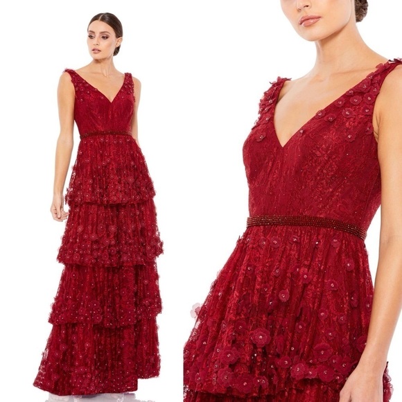 NEW $698 MAC DUGGAL 67710 BURGUNDY FLORAL RUFFLED TIERED SLEEVELESS GOWN Sz 10 - Picture 3 of 16